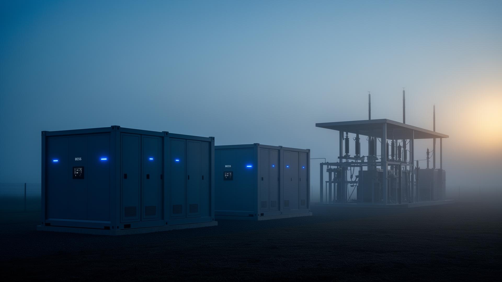 Infraestrutura de armazenamento de energia e subestação ao entardecer